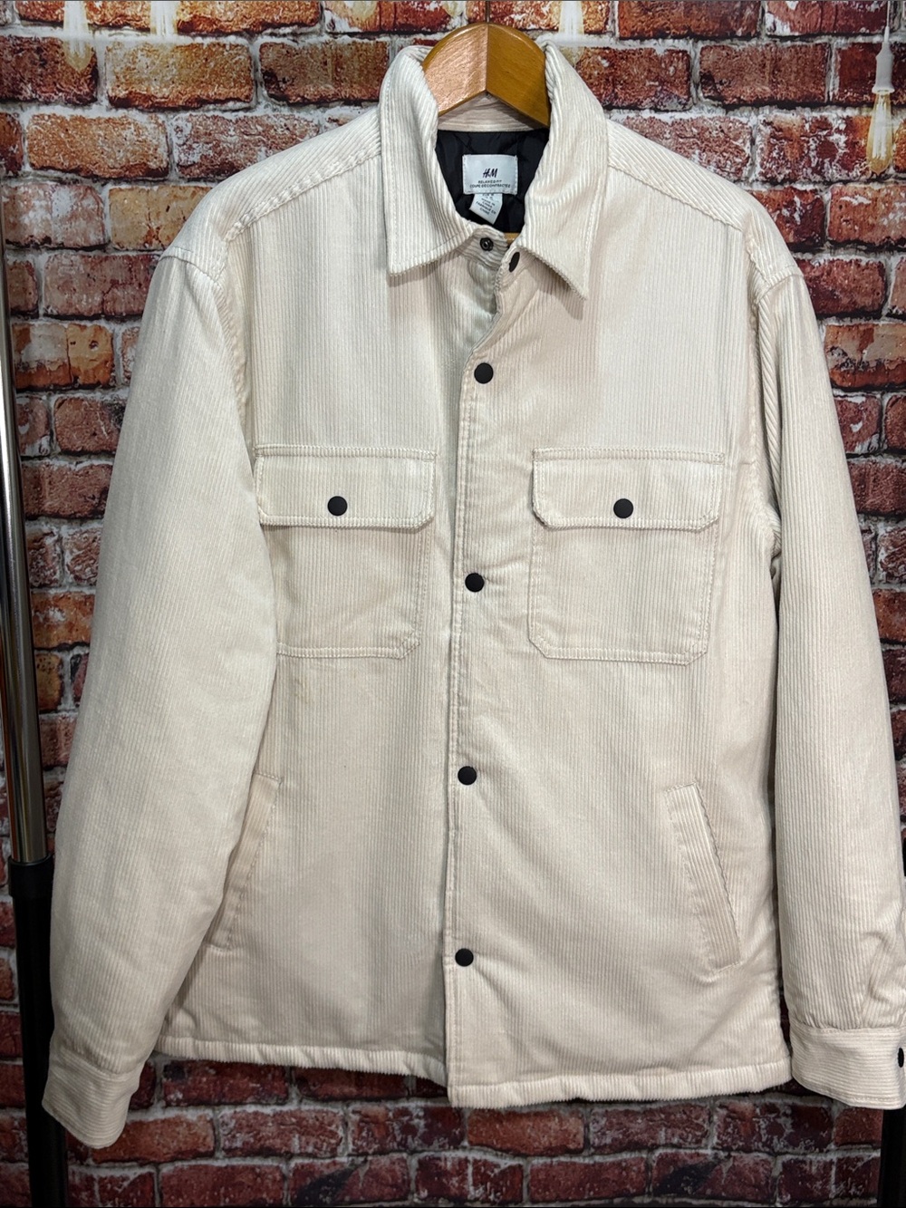 H&M Mens corduroy quilted lined shacket jacket medium tan off white